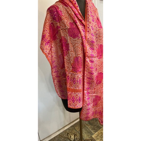 Vintage Scarf Orange And Pink Handwoven 100% Pure Silk Scarf Made in India - Picture 7 of 10